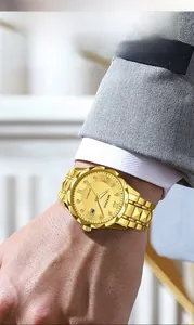 Close-up of gold MOLDOA automatic watch with diamond markers and business suit