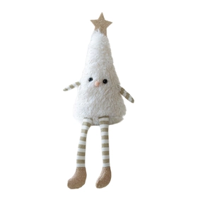 Cute white plush Christmas tree doll with star topper and long striped legs for home decor