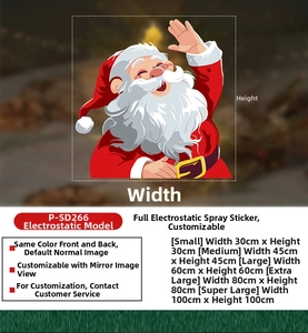 Size chart for Santa Claus static window stickers showing five dimensions from 30cm up to 100cm