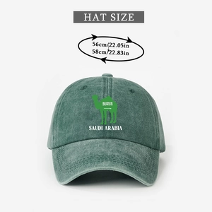 Detailed sizing chart for washed green cotton baseball cap with Saudi Arabia camel embroidery