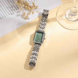 Elegant rectangular green dial ladies watch with silver stainless steel link bracelet band