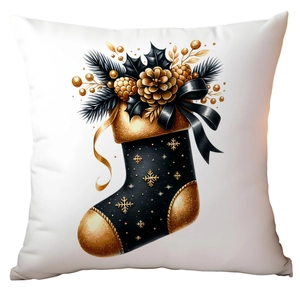 Christmas pillowcase with black and gold stocking, pine cone and bow tie print