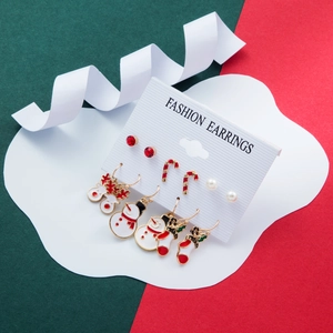 Detailed set of 5 pairs of Christmas earrings including snowman and candy cane studs