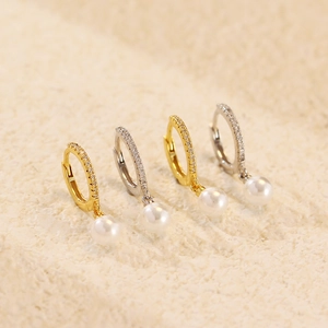 S925 silver pearl hoop earrings in gold and silver finish with micro-inlaid zircon gems