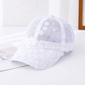White mesh breathable baseball cap with lace flowers and sequins for women