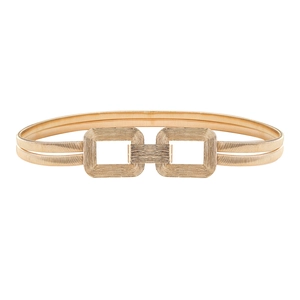 Double-layered gold elastic chain belt with geometric interlocking buckle on white background