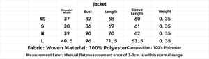 Tableau détaillé des tailles pour blazer brodé avec mesures d'épaules et de poitrine