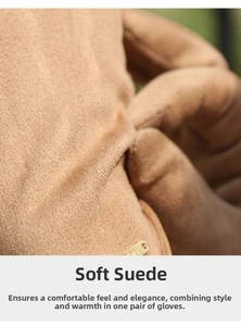 Close-up of khaki suede winter gloves with elegant gold metal buckle and soft texture