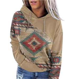 Detail of bohemian geometric print and drawstring hood on khaki oversized sweatshirt