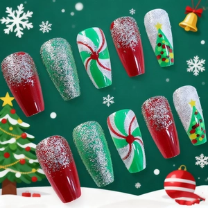 Christmas coffin press-on nails set with red and green glitter and holiday tree designs