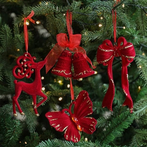 Red Flocked Christmas Ornaments Velvet Reindeer Snowflake Bow Tree Hanging Decoration Luxury Festive Holiday Decor