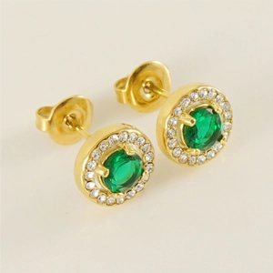 Detail of 18K gold stainless steel earrings featuring oval green stones and zircon accents