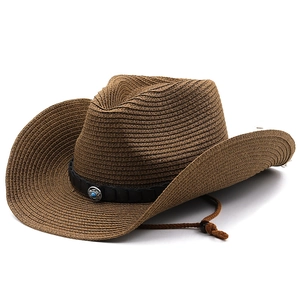 Brown straw cowboy hat with turquoise western leather band and adjustable chin strap
