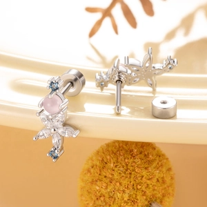 Silver flower stud earrings with pink and blue stones and screw back closure