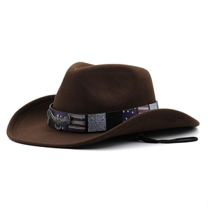 Brown wool felt western cowboy hat featuring US flag band and metal eagle badge detail