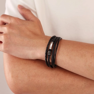 Men's multilayer braided black leather bracelet with silver stainless steel accents