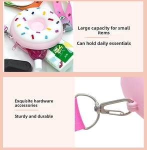 Detail of pink donut silicone purse storage capacity and metal clip hooks