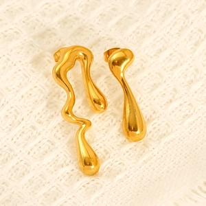 Irregular liquid metal gold drop earrings with polished stainless steel finish for women