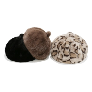 Detailed plush leopard print and solid faux mink fur beret hats for winter warmth