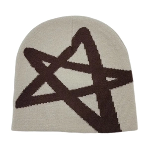 Beige knitted beanie featuring a large brown star pattern, warm winter hip-hop style hat