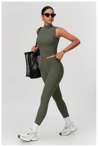 Olivgrünes Yoga-Set mit hochgeschlossenem Crop-Top und Leggings mit hohem Bund