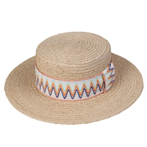 Flat top raffia boater hat with colorful bohemian geometric pattern band for summer