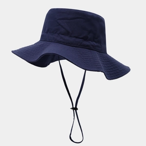Classic navy blue cotton sun hat with wide brim and adjustable chin strap for outdoors