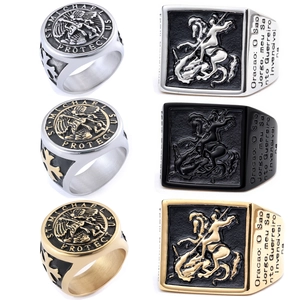 Vintage Archangel Saint Michael Stainless Steel Signet Ring For Men Religious St George Dragon Protection Amulet Retro