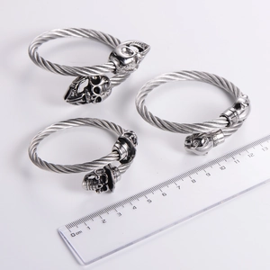 304 stainless steel skull and leopard cable wire adjustable open bracelets in silver