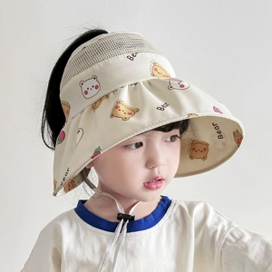 Detail of kids breathable mesh sun hat with bear pattern and adjustable wind rope