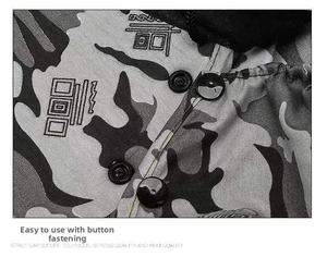 Detail shot of the button closure on a camouflage sun hat with outdoor fabric texture