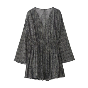 Damen V-Ausschnitt Kleid mit goldenen Metallstreifen und Vintage-Blumenmuster