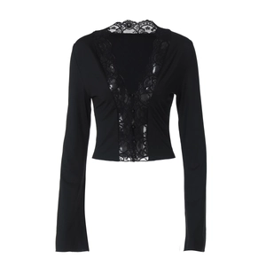 Detail of delicate black lace trim on V-neck button cardigan with floral embroidery