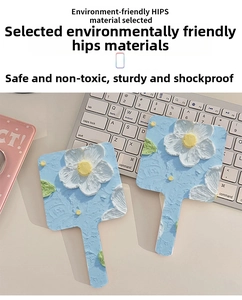 Detail of durable HIPS material hand mirror with 3D oil painting flower pattern