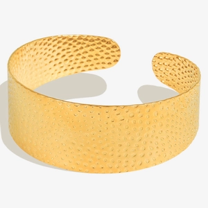 Wide 18k gold plated stainless steel cuff bracelet with hammered texture and open design