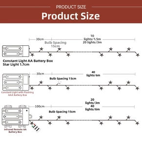 Detailed size chart for vintage LED star string lights with battery box specifications