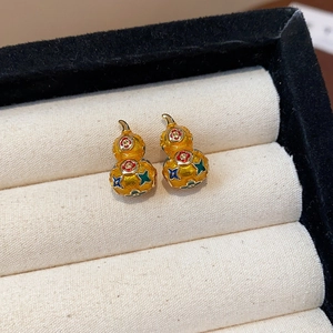Gilded gourd earrings with multicolor enamel floral patterns and sparkling zircon accents