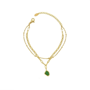 Double-layer gold k18 chain bracelet featuring emerald green malachite pendant