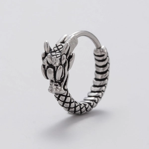 Vintage stainless steel dragon head hoop earring for men with detailed scale texture