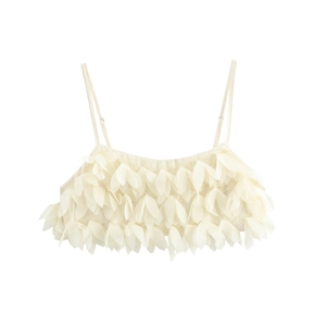 Women Camisole Crop Top 3D Flower Petal Texture Polyester Back Smocking Adjustable Straps Beach Holiday Style