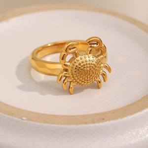 Macro shot of 18K gold plated crab ring with textured shell and polished finish