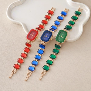 Fashionable octagonal quartz ladies watch with crystal gemstone strap in three colors