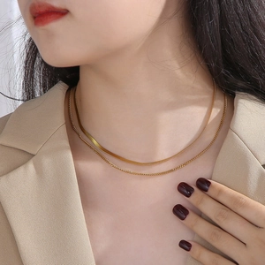 Double-layered gold titanium steel snake chain necklace for women on neck