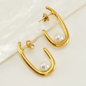 U Shaped Artificial Pearl Earrings 18K Gold Plated Stainless Steel Geometric Minimalist Studs Jewelry For Women Chic Fashion Accessory