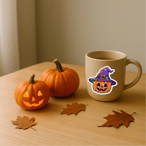 Holographic pumpkin with purple witch hat sticker on a ceramic mug in autumn decor