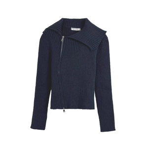 Women Ribbed Knit Sweater Asymmetric Lapel Diagonal Zipper Long Sleeve Slim Fit Solid Navy Blue Cardigan