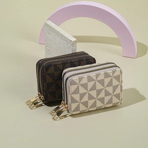 Dual-zipper accordion card holder wallet in brown and beige geometric pattern