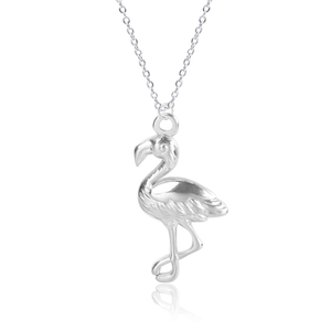 Polished silver flamingo pendant necklace with detailed feather texture and link chain