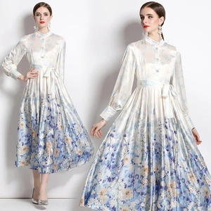 Floral Print Maxi Dress Satin Lantern Long Sleeve Stand Collar Tie Waist Button Down Elegant Party Women