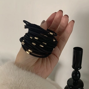 Durable black high-elastic hair ties set with minimalist gold metal cylinder beads